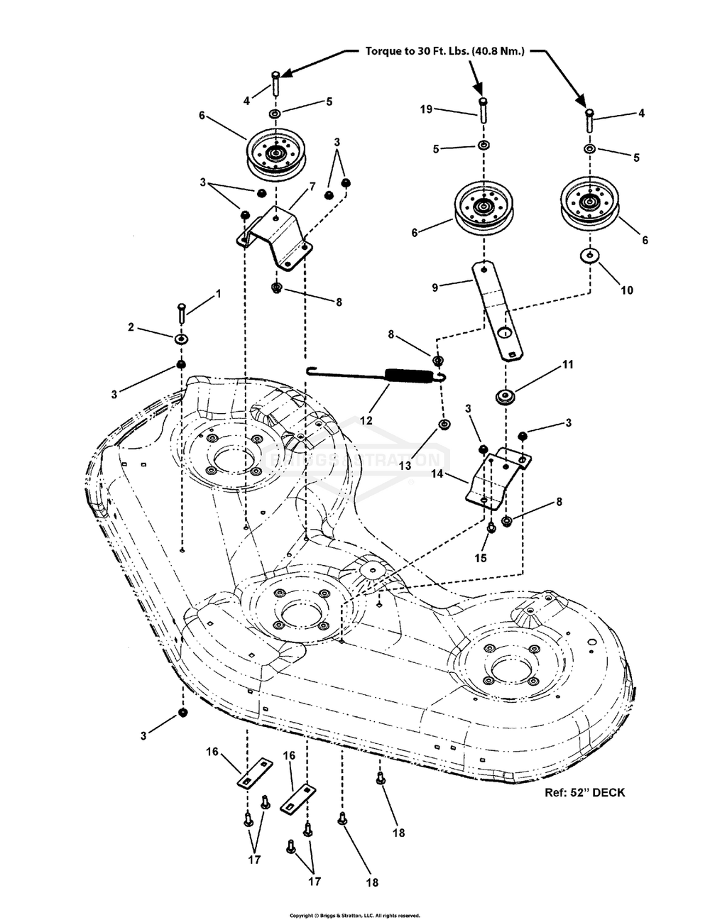 52-Inch Mower Deck - Idler Group Diagram and Parts List for 7800819 (C950-60107-0)(2011) Briggs and Stratton Lawn Tractor